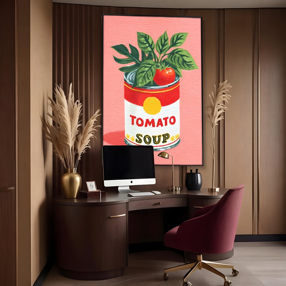 Tablou canvas cu pictura cu conserva de supa si rosie, in rama de aluminiu negru, pe perete intr-un birou